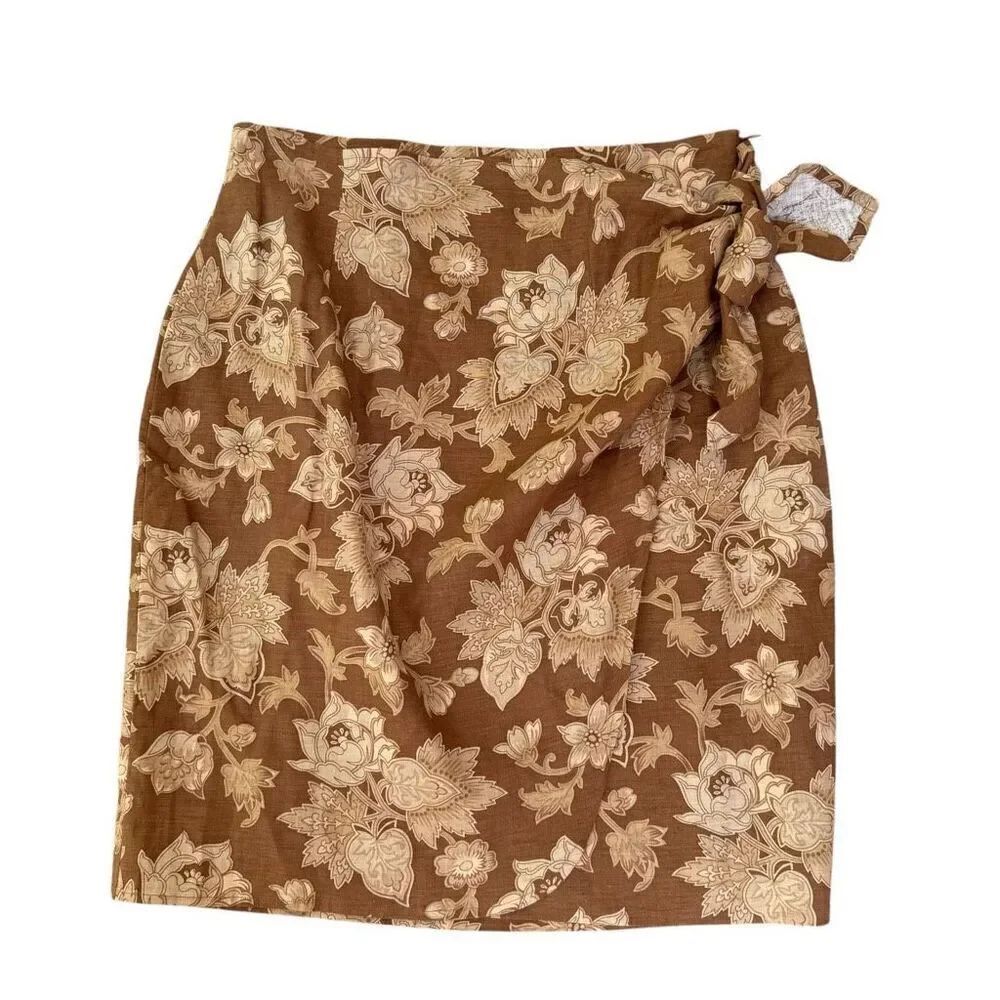 Jones New York petite 100% linen cropped brown floral skirt size 10P